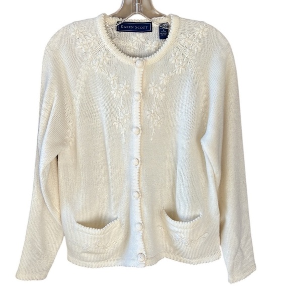 Karen Scott Vintage Like New Sz S Cream Embroidered Cottagecore Cardigan Sweater - Picture 8 of 8